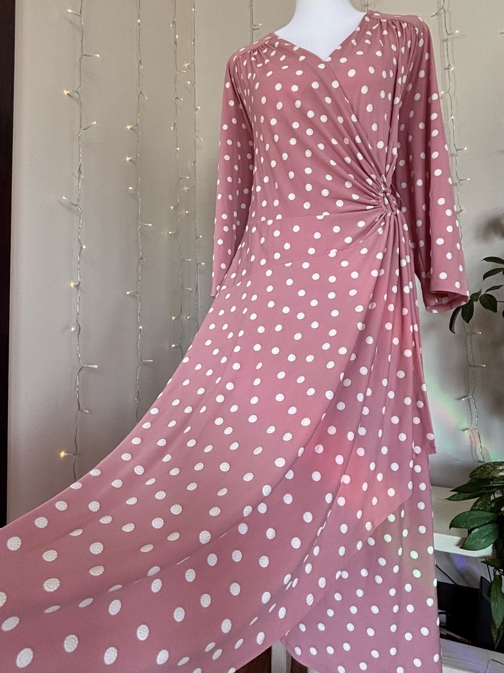 Retro Dusty Pink Polka Dot O-Ring Midi Dress 2X